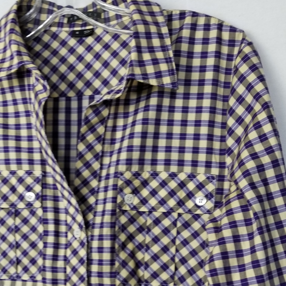 Theory Lidiya Purple Yellow Check Cotton Long Sleeve Shirt Dress Size 6 - Picture 3 of 14
